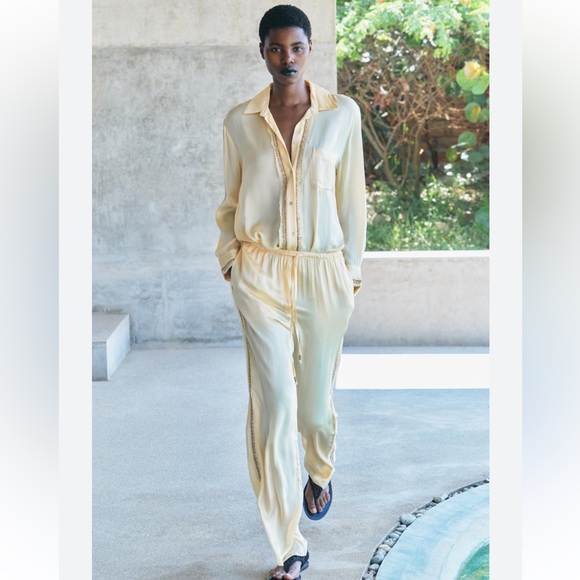 ZARA CO-ORD SATIN EFFECT EMBROIDERED SHIRT & PANTS SET - PASTEL YELLOW - Picture 6 of 8